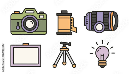 A collection of six flat design icons representing photography equipment and concepts, including a camera, film roll, lens, frame, tripod, and a light bulb.