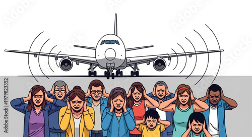 People covering ears from loud airplane noise pollution.