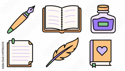 A collection of vintage writing instruments and stationery items, including a fountain pen, an open book, an inkwell, a notepad, a quill, and a journal.