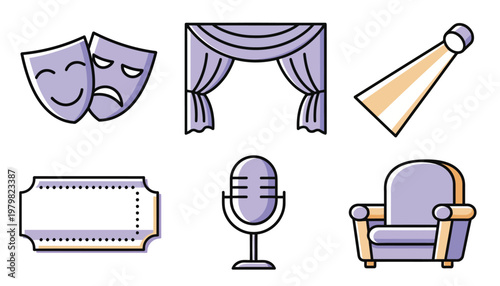 A collection of theatrical and performance-related icons, including masks, a stage curtain, a spotlight, a ticket, a microphone, and an armchair.