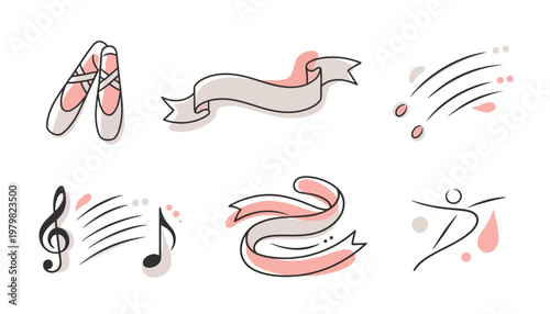 A collection of six whimsical hand-drawn icons representing ballet, music, and dance, with a decorative ribbon element.