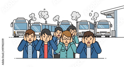 People covering ears from loud bus noise and exhaust fumes.