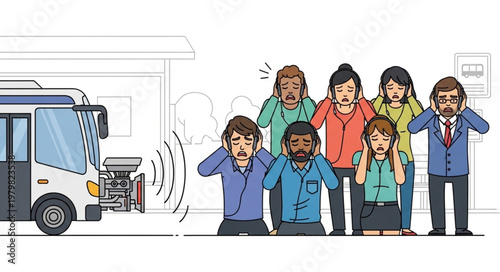 People covering ears from loud bus noise pollution.