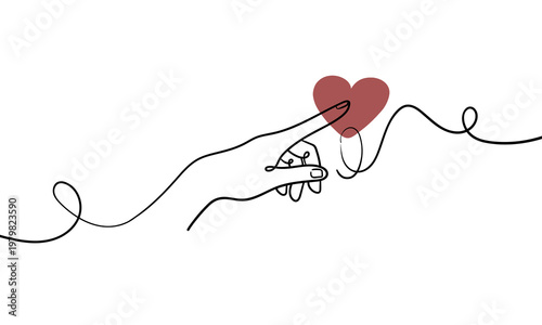 Continuous line drawing of a hand gently touching a red heart, elegant aesthetic illustration on pastel white background. Vector illustration