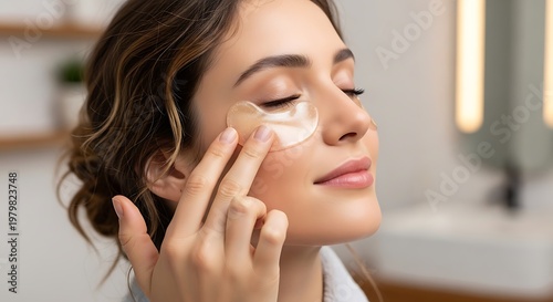 Young woman indulges in a relaxing evening beauty ritual, gently applying hydrating under-eye patches for revitalized and refreshed skin, promoting self-care and a healthy glow