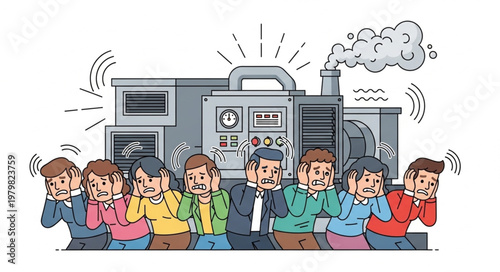 People covering ears from loud factory noise pollution industrial machinery.
