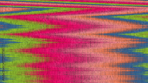 Colorful abstract zigzag and wave pattern with bright pink, green, orange, and blue bands creating textured dynamic visual rhythm