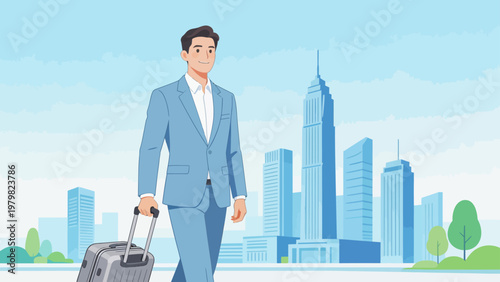 Man with suitcase in city