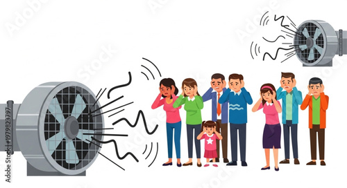 People covering ears from loud fan noise illustration.