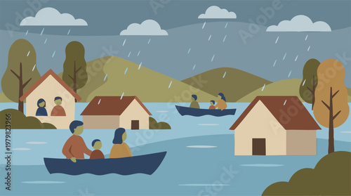 Families navigate floodwaters in boats as heavy rain impacts submerged houses