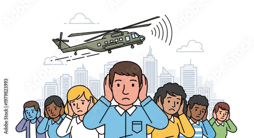 People covering ears from loud helicopter noise over city.