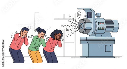 People covering ears from loud industrial machine noise pollution.