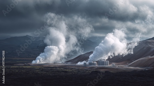 Geothermal Power Plant with Steam Erupting Under Dramatic Sky