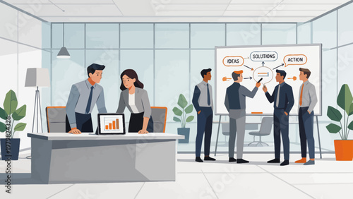 Office workers in meeting around whiteboard