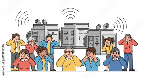 People covering ears from loud industrial noise pollution.