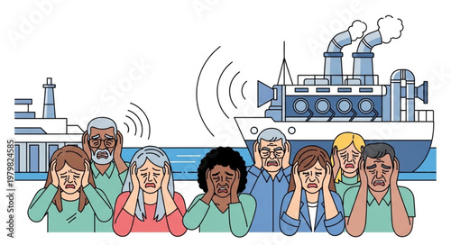 People covering ears from loud industrial noise pollution factory.
