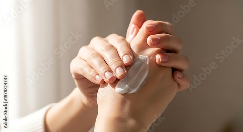 Close-up of hands applying a luxurious moisturizing cream, emphasizing daily self-care for nourished, soft, and healthy skin, promoting hand hydration and beauty routines