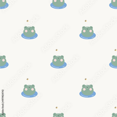 Seamless pattern with cute frog. Isolated cartoon flat background. For card, posters, banners, books, printing on the pack, clothes, fabric, wallpaper, textile or dishes.	
