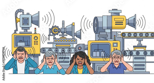 People covering ears from loud industrial noise pollution in factory.