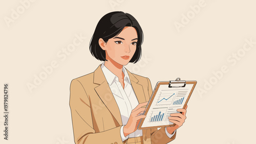 Businesswoman holding clipboard with charts