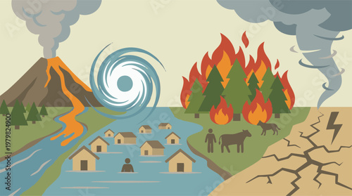 Illustration of various natural disasters: flood, fire, volcano, tornado, earthquake