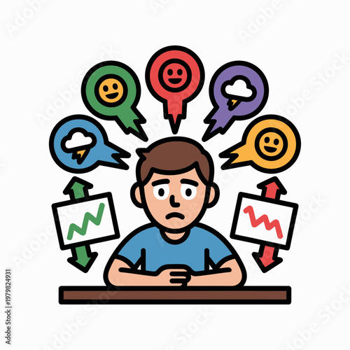 Confused Man with Mixed Emotions and Graphs