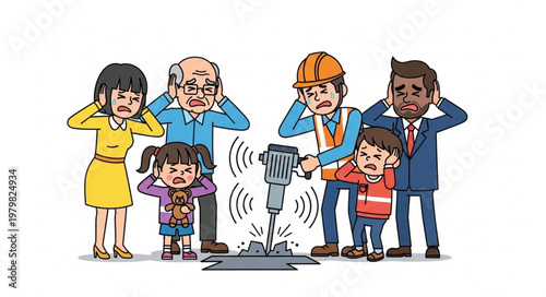 People covering ears from loud jackhammer noise construction work.