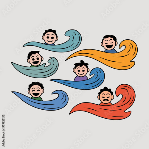 Smiling People Emerging from Colorful Waves