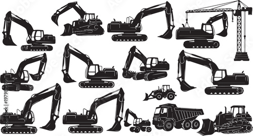 Collection of heavy construction equipment silhouettes in black color