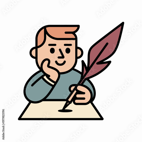 Smiling Man Writing with Quill Pen on Paper