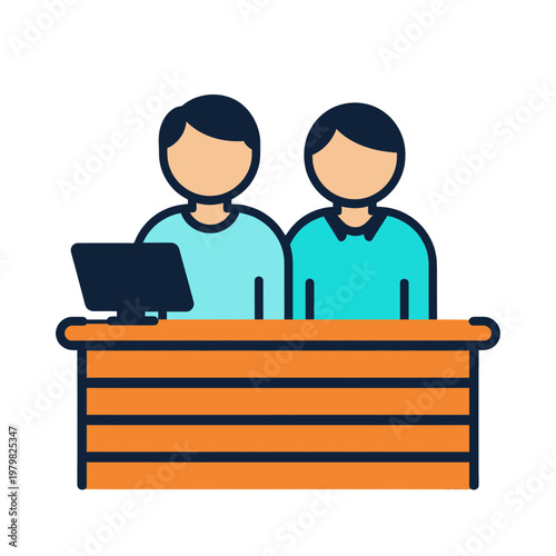 Two People Behind Counter Service Desk Icon