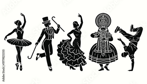 Vintage Commedia dell'arte character set in black and white silhouette style