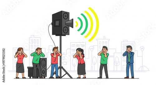 People covering ears from loud noise pollution from speaker.
