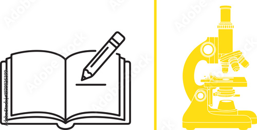 Open book with pencil and microscope icons representing education and science