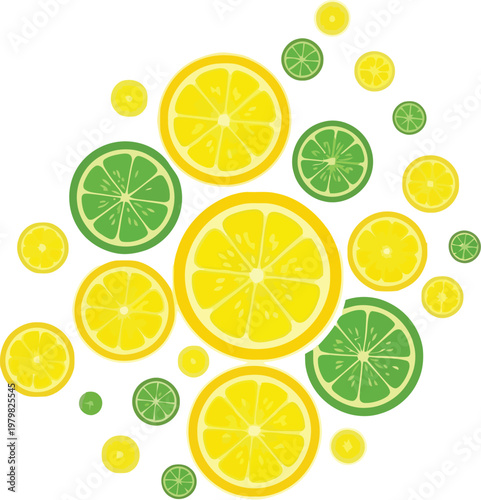 A vibrant illustration of lemons and limes arranged in a circular pattern on a white background