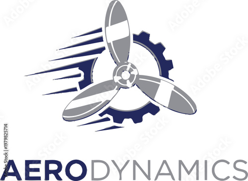 A logo for aerodynamics featuring a propeller and gear on a white background