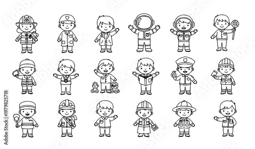 Kids boys line art vector professions play adventure coloring book set