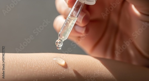 A focused shot of a clear liquid droplet, likely a serum or oil, being carefully applied from a pipette onto the skin, representing modern skincare and hydration