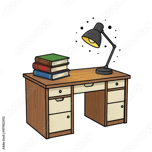 Wooden Desk with Lamp and Books Flat Vector Icon