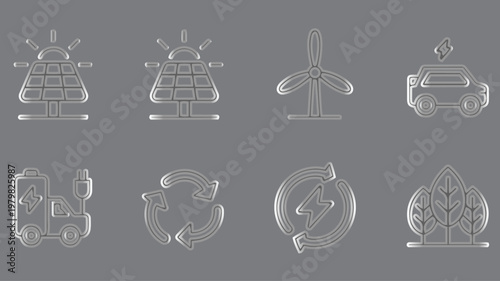 Eight embossed glass icons for renewable energy and environmental conservation are arranged in two rows on a flat grey background.