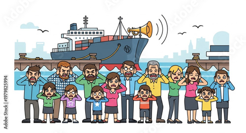 People covering ears from loud ship horn sound at dockside.