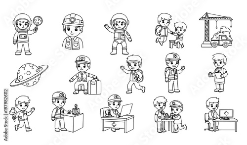 Kids boys adventure professions line art vector educational coloring book set
