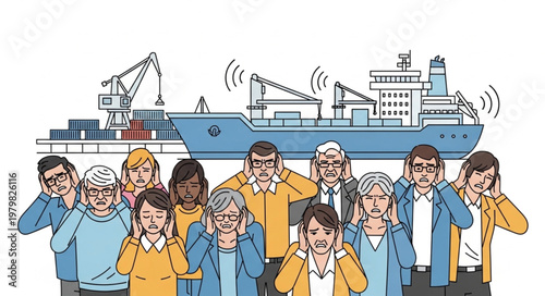 People covering ears from loud ship noise pollution.