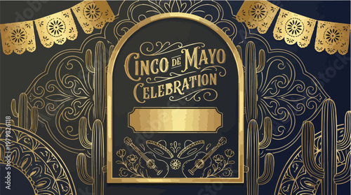 Elegant gold and dark blue Cinco de Mayo celebration background featuring traditional mexican culture elements like cacti guitars sombreros and decorative papel picado bunting