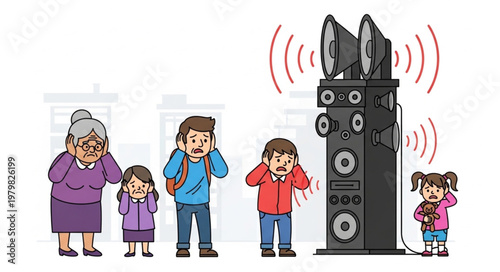 People covering ears from loud speaker noise pollution concept.
