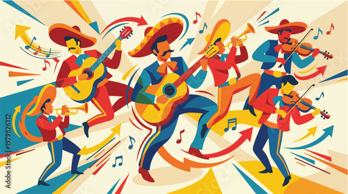 Vibrant vector illustration of a traditional Mexican mariachi band performing with guitars violins and trumpets during a festive cultural celebration with dynamic musical notes