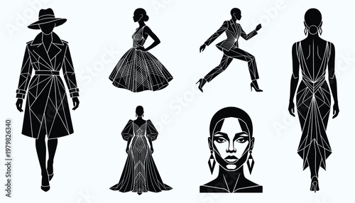 Collection of minimalist fashion silhouettes featuring women in geometric line art outfits and elegant poses