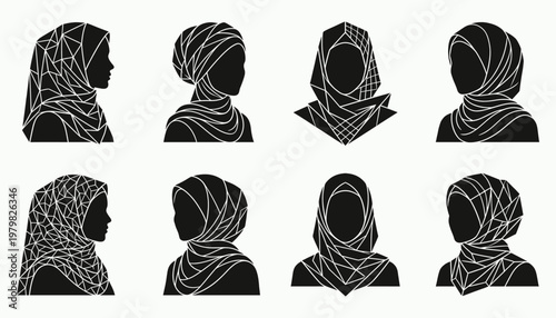 Set of Muslim Woman Hijab Silhouette Icons with Geometric Patterns