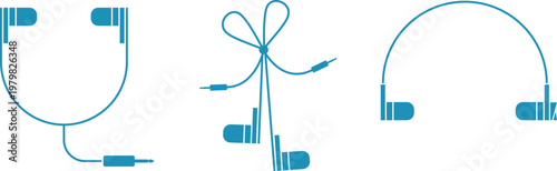 Music wired headphones, knotted headphones, music and technology, electronic gadgets, earplugs, hearing aids, headphone jack, music listening icons