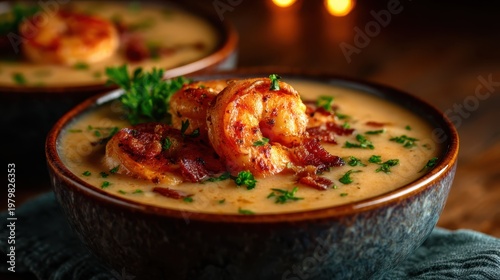 A hearty bowl of shrimp chowder rich in flavor with the crunch of crispy bacon, perfect for cozy gatherings during colder days and showcasing comforting culinary delights.